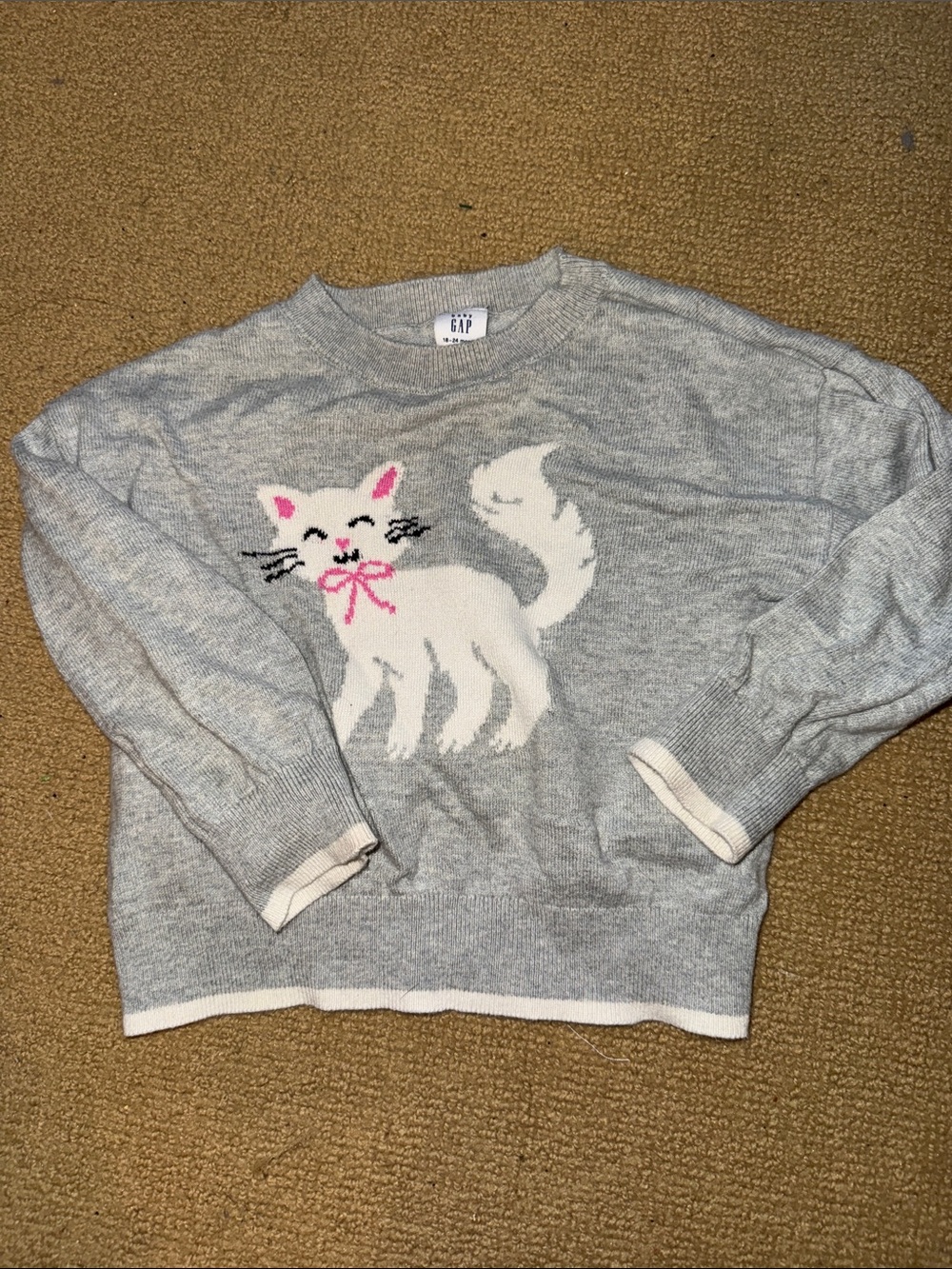 GAP Gray Sweater with White Cat and Pink Bow
